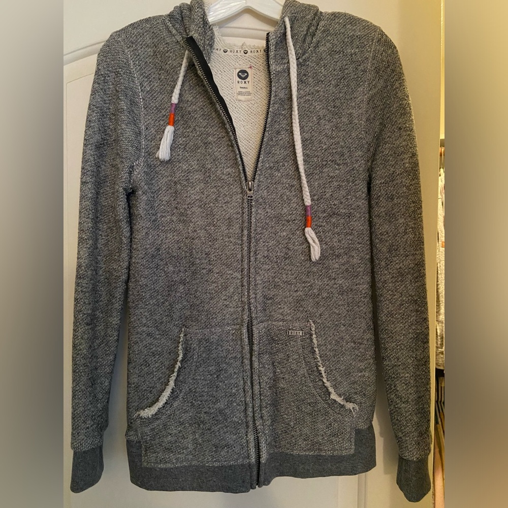 Zip up Roxy brand size small grey zip up hoodie w braided strings- size small